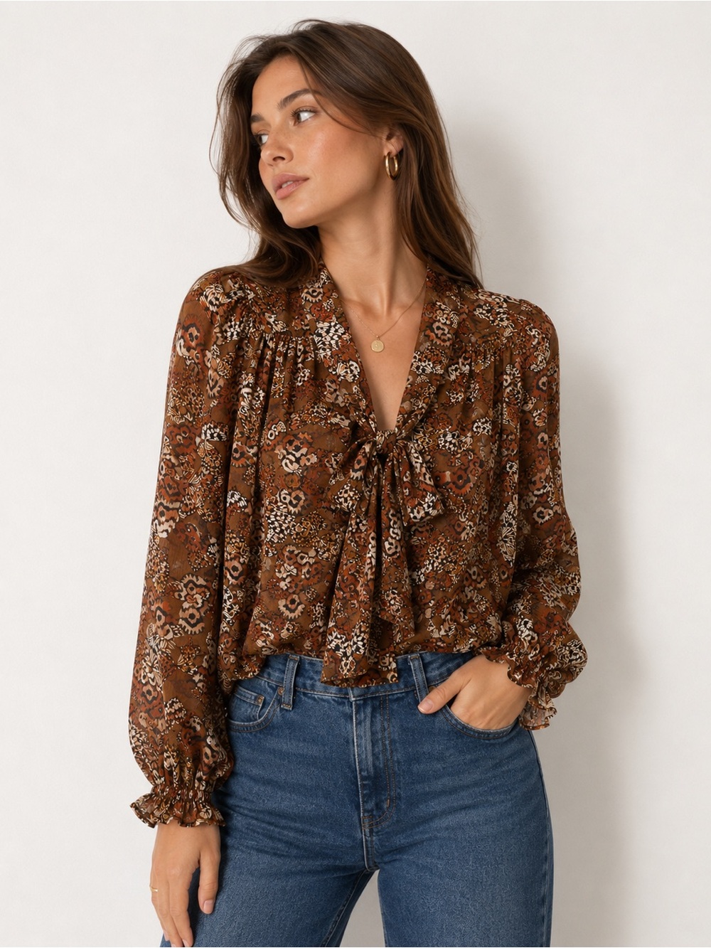 PAIGE 100% Silk Brown & Rust Floral Tie-Neck Blouse